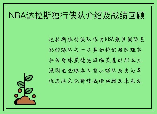 NBA达拉斯独行侠队介绍及战绩回顾