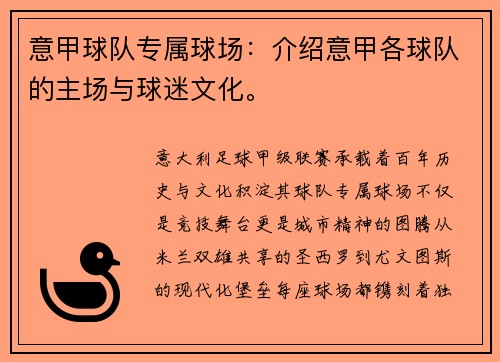 意甲球队专属球场：介绍意甲各球队的主场与球迷文化。