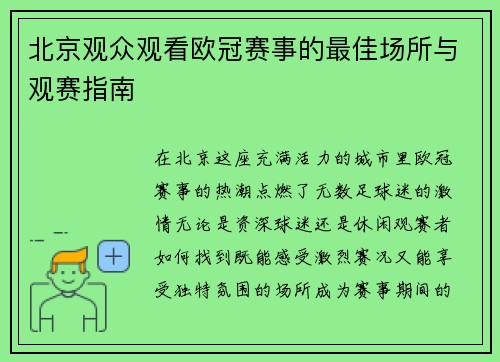 北京观众观看欧冠赛事的最佳场所与观赛指南