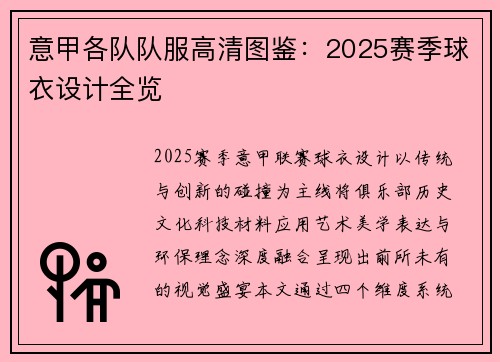 意甲各队队服高清图鉴：2025赛季球衣设计全览